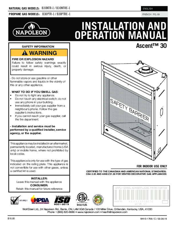パルプンテページ B30NTR-1, B30NTRE-1, B30PTR-1, B30PTRE-1 Manual – Fire-Parts.com