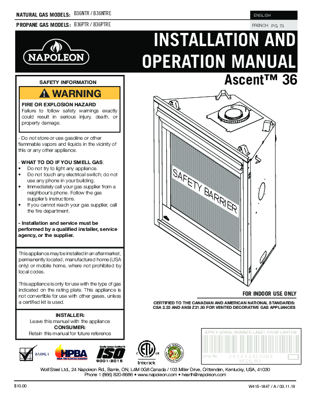 B36NTR, B36NTRE, B36PTR, B36PTRE Manual – Fire-Parts.com