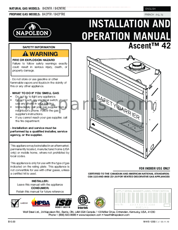Ascent 42 Direct Vent Gas Fireplace Manual Fire Parts Com