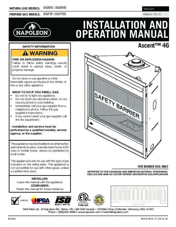 B46NTR, B46NTRE, B46PTR, B46PTRE Manual – Fire-Parts.com