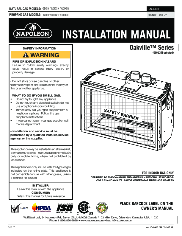 GDI3N, GDIG3N, GDIX3N, GDI3P, GDIG3P, GDIX3P Oakville™ G3 Gas