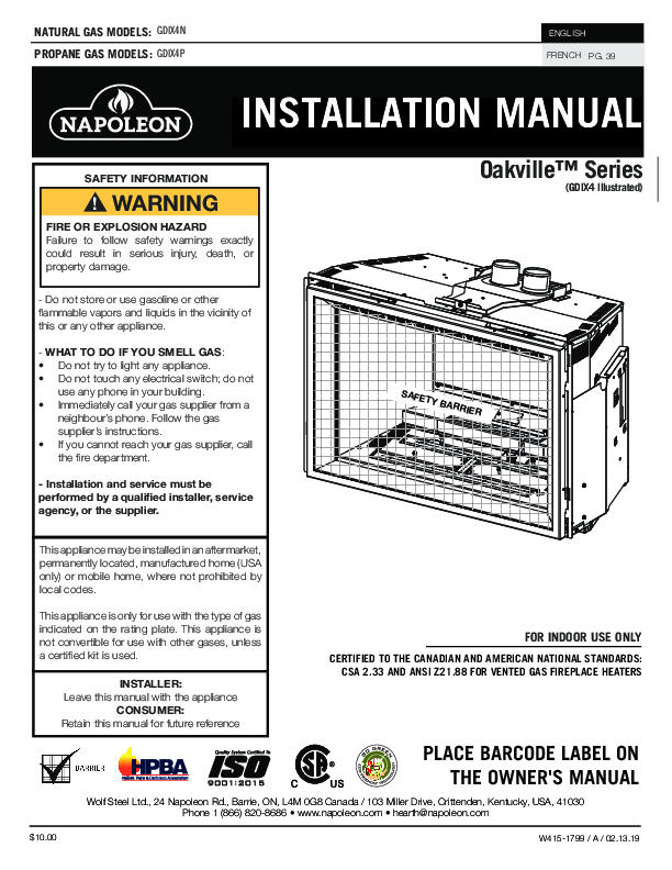 GDIX4N, GDIX4P Oakville™ X4 Gas Fireplace Insert Manual – Fire